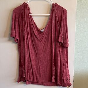 Red Distressed V-Neck Top